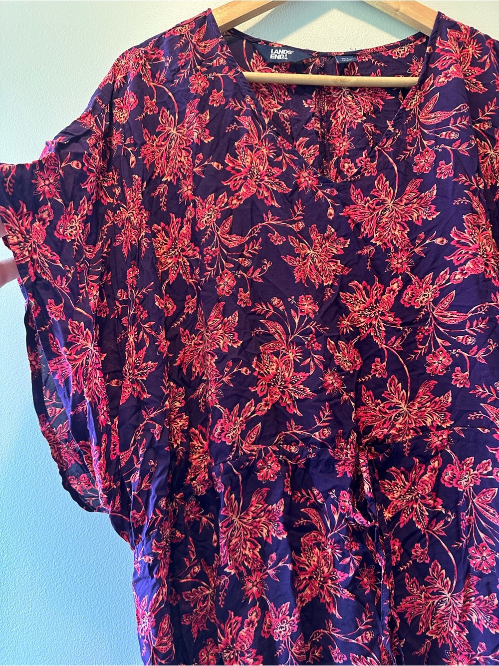 Lands' End Purple V-Neck Swimsuit Cover-Up with Pink Floral Print - Picture 3 of 5